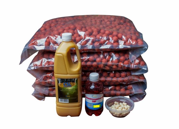 Boilies 20kg, jahoda, smetana a rum 20mm + CSL 1l + DIP 250ml +pop up bílé HARD 18mm, 30g