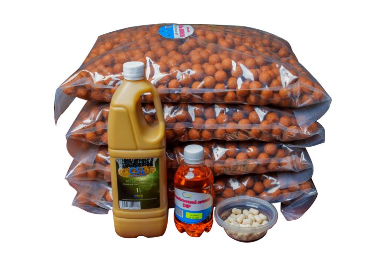 Boilies 20kg, scopex & oliheň, 20mm + CSL 1l + DIP 250ml + dumbles bílé 20g, 12x6mm