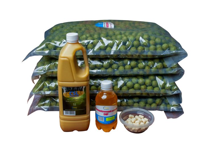 Boilies 20kg, mirabelka & kukuřice, 20mm + CSL 1l + DIP 250ml + dumbles bílé 20g, 12x6mm