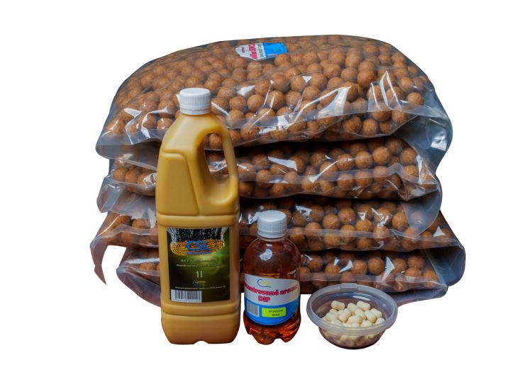 Boilies 20kg, monster krab, 20mm + CSL 1l + DIP 250ml + dumbles bílé 20g, 12x6mm