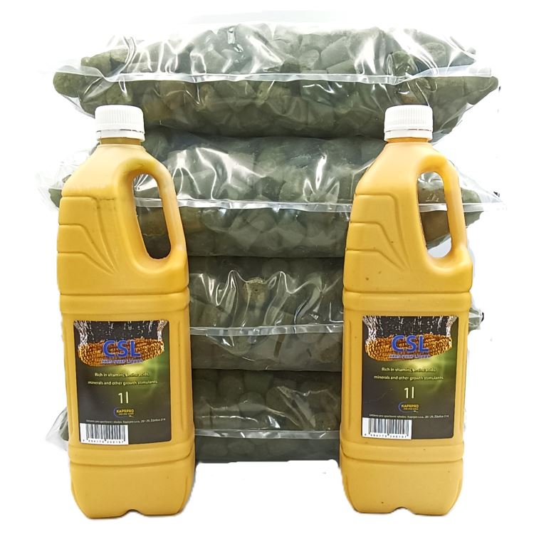 Pelety s dírou 22mm, MIRABELKA/KUKUŘICE 20kg + 1l CSL MIRABELKA + 1l CSL NATURAL KUKUŘICE 